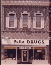 46. Polta Drugstore on Minnesota Street in New Ulm, Minnesota in the Past Five Years Local Merchants on the Main Street Have Restored the Fronts of Many of the Old Buildings. Photographer: Flip Schulke