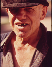 03. A Nebraskan for more than half his life, Charlie Gross has farmed, boxed, raised dogs and sold hosiery and light bulbs, May 1973. Photographer: Charles O'Rear