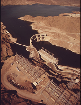 49. Parker Dam on the Colorado River forms the eastern end of the 150-mile metropolitan aqueduct which supplies drinking water to Los Angeles and intermediate cities, May 1972. Photographer: Charles O'Rear